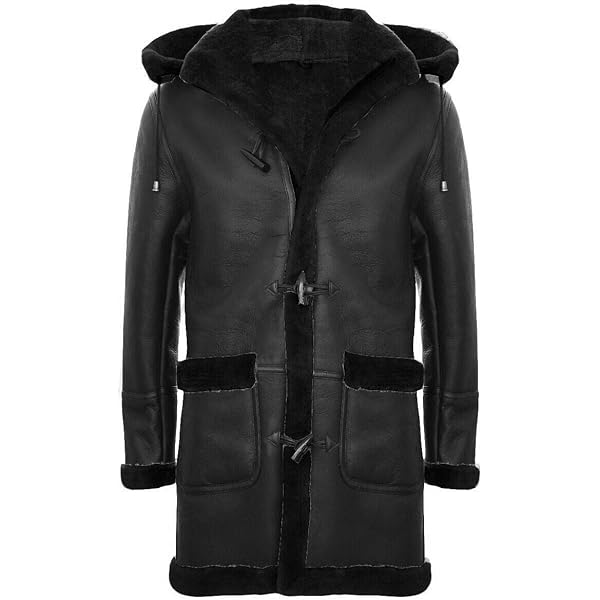Infinity Men's Brown Sheepskin Leather Detachable Hood Duffle Coat